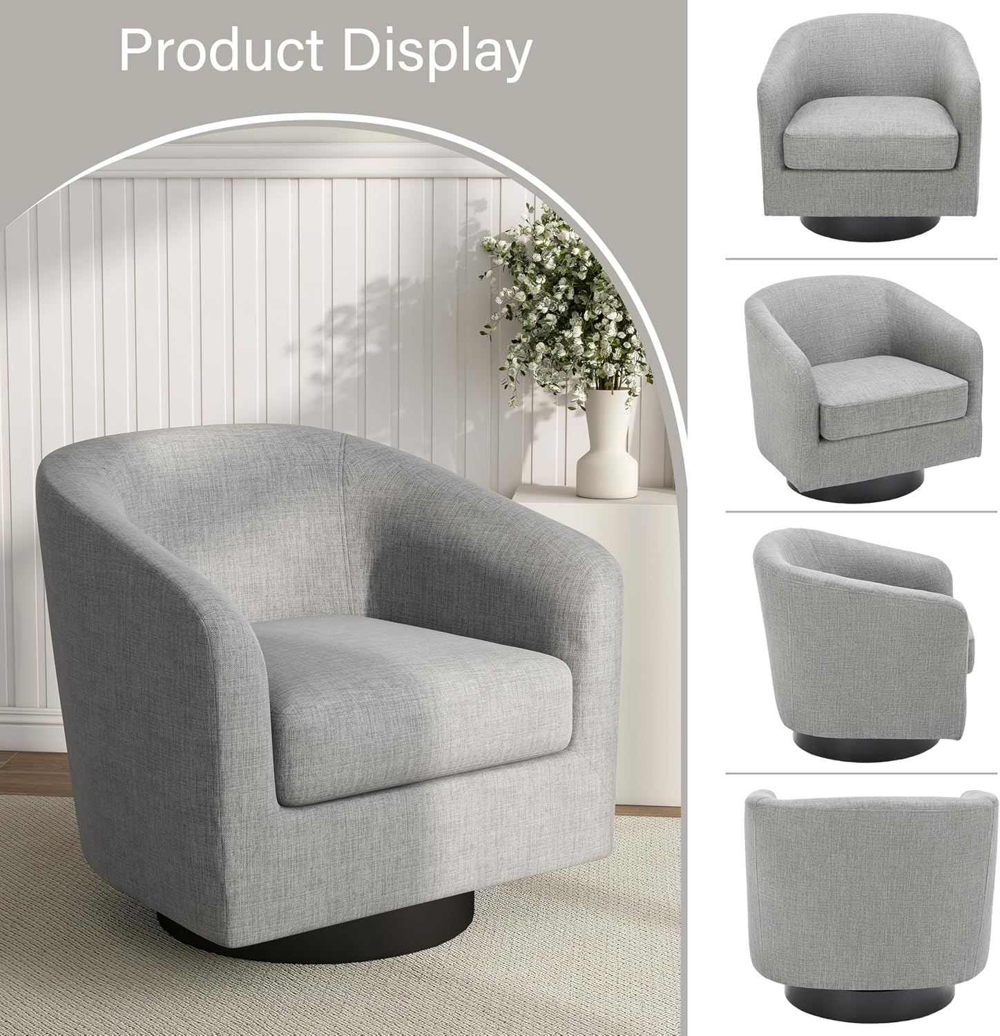 Pia Ricco Swivel Barrel Chairs Set of 2, 360° Swivel Round Accent Chair, Comfy Upholstered Fabric Single Sofa Club Armchair for Living Room/Reading Room/Bedroom, Light Grey