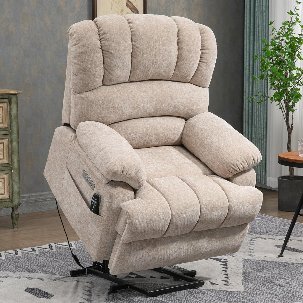 Power Recliner with Vibration Massage & Lumbar Heat, Electric Lift Chairs for Elderly, High Back Reclining Max 155 Degree with Charging Ports, Chenille Fabric Beige