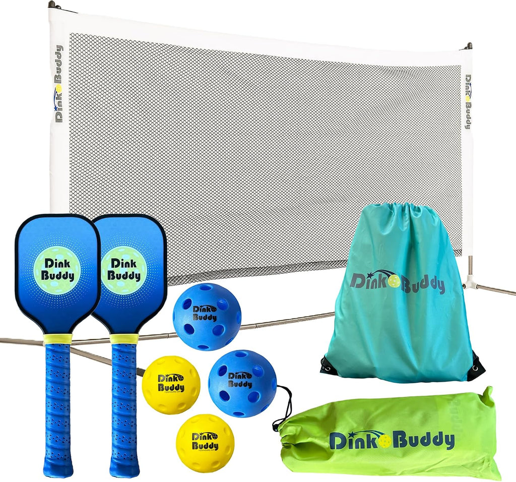 3-in-1 (with 1 Mini 6' Wide Pickleball Net) & 2-in-1 Pickleball Trainer Options, Sports Gifts with 4 Kelso Balls (2 Trainer + 2 Standard), 2 PickleDojo Paddles, & 1 Drawstring Backpack