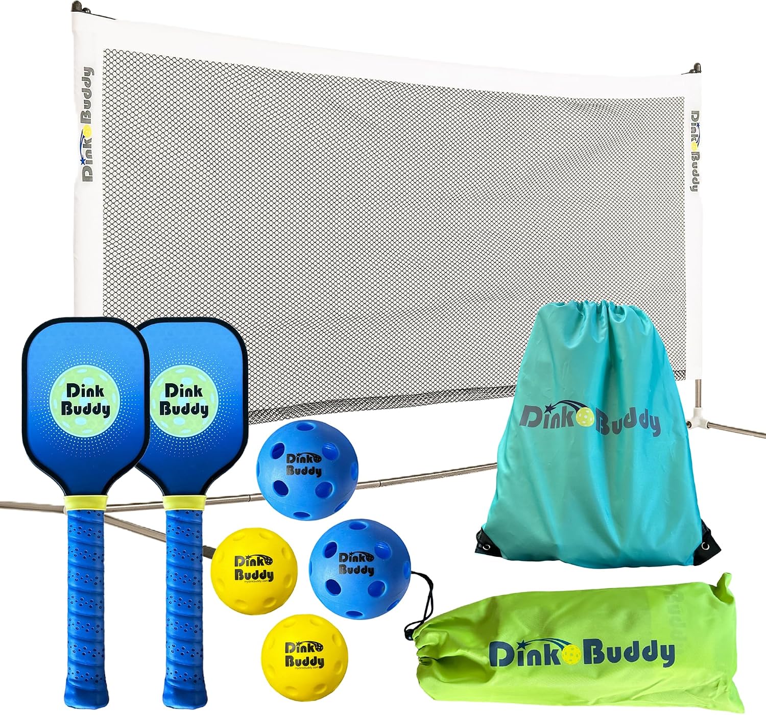 3-in-1 (with 1 Mini 6' Wide Pickleball Net) & 2-in-1 Pickleball Trainer Options, Sports Gifts with 4 Kelso Balls (2 Trainer + 2 Standard), 2 PickleDojo Paddles, & 1 Drawstring Backpack