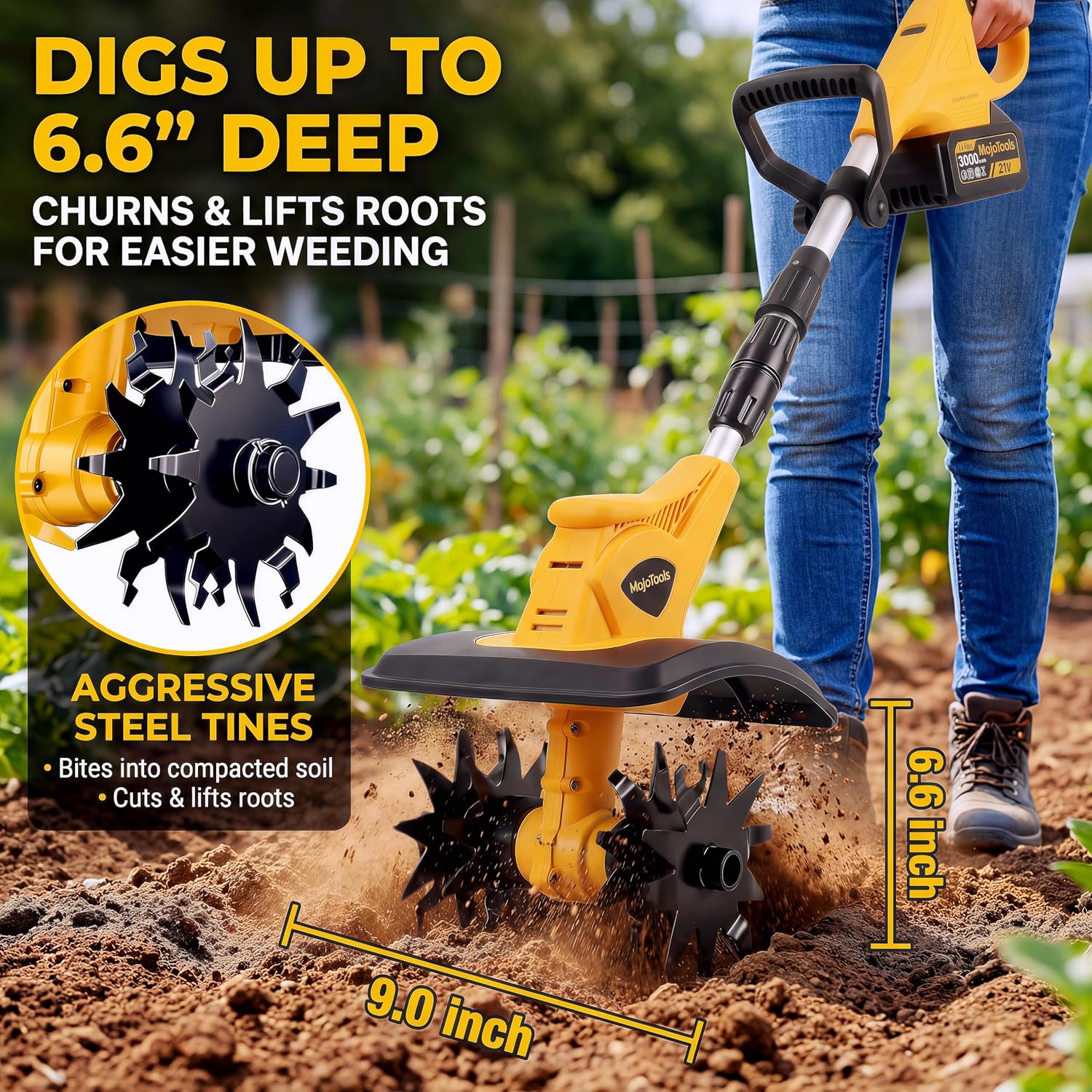 21V Cordless Tiller Cultivator, 360RPM Electric Garden Tiller with 2 x 3.0Ah Batteries, 9-Inch Width & 7-Inch Depth, Lightweight Rototiller for Raised Beds, Flower Beds & Soil Cultivation