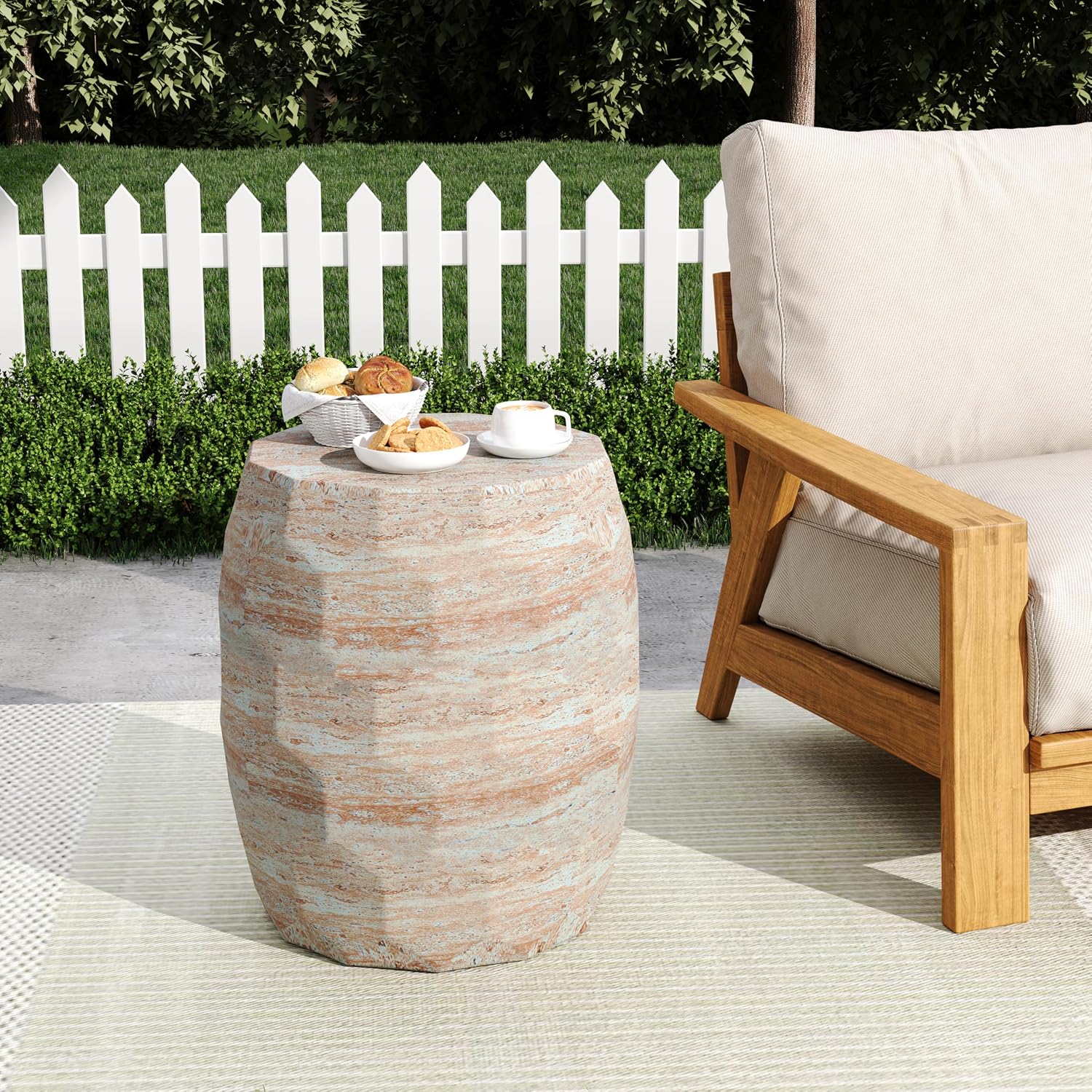 Christopher Knight Home Jaym 18.25' H Indoor Outdoor Accent Side Table, Patio Decorative End Table, Polygon Lightweight Concrete Garden Stool for Patio Balcony & Garden Decor, Travertine