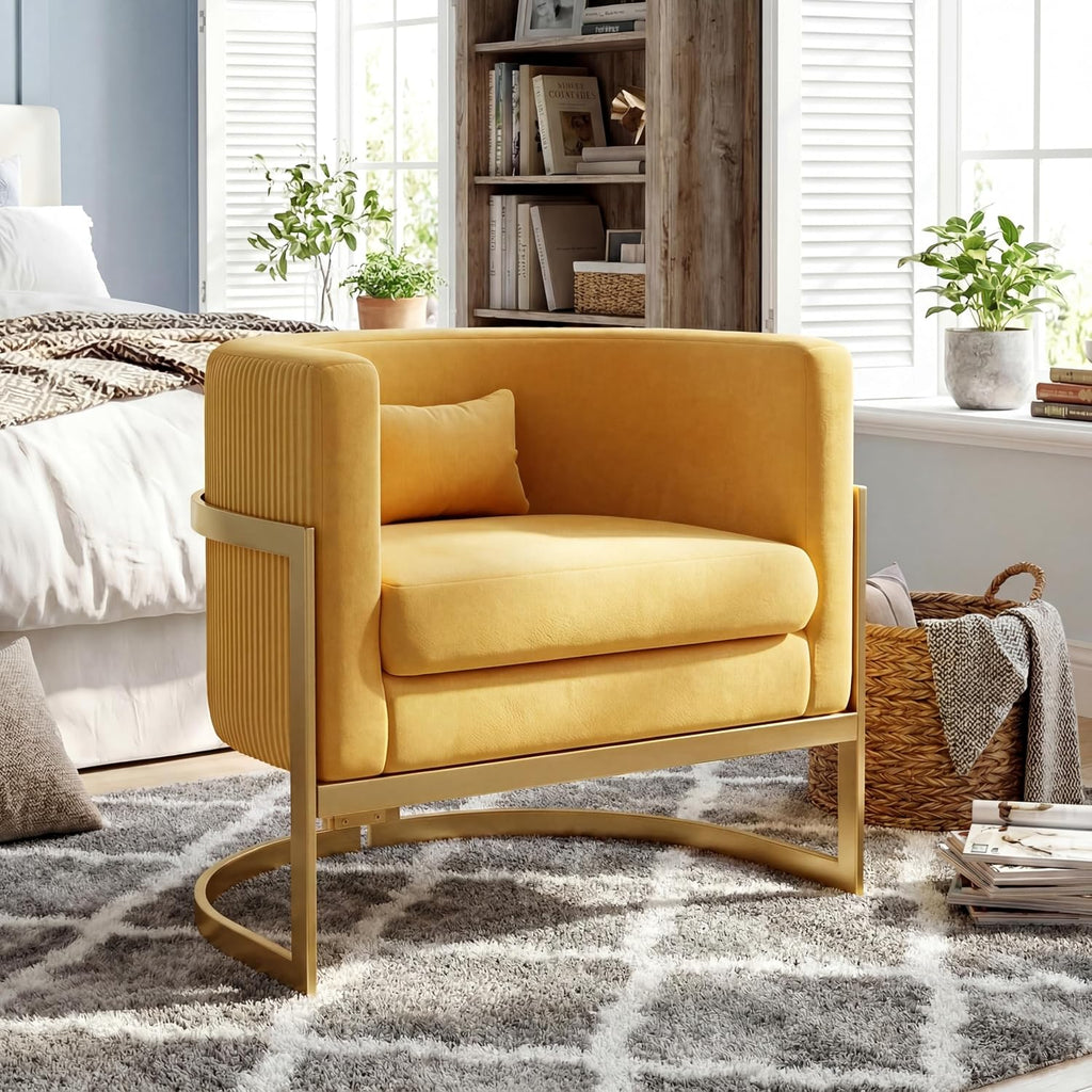 Velvet Accent Chair Yellow Modern Barrel Chair with Gold Legs Upholstered Armchair for Bedroom Living Room Sofa Chair Club Side Chairs