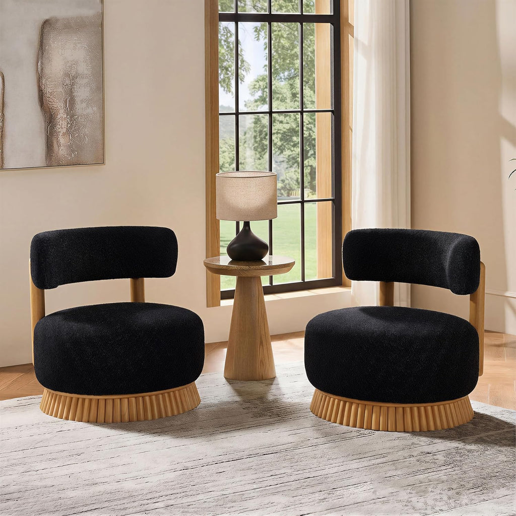 Christopher Knight Home Eloise Modern Accent Chair Set of 2, Boucle Upholstered Lounge Chair Indoor with Wooden Frame, Comfy Reading Chair for Bedroom, Black+Natural