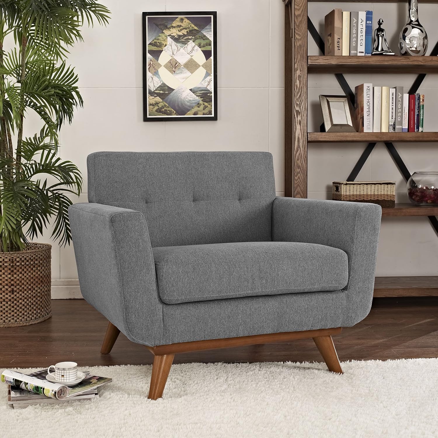 Modway Engage Mid-Century Modern Upholstered Fabric Accent Arm Lounge Chair in Expectation Gray