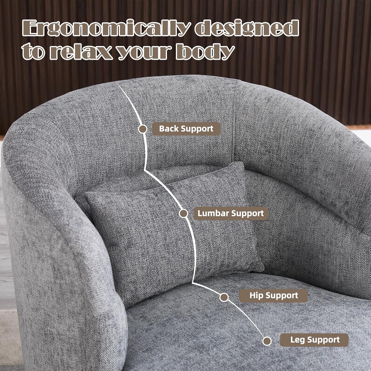 CANMOV Swivel Accent Chair, 360 Degree Round Swivel Barrel Chair with Pillow, Upholstered Comfy Barrel Armchair Single Club Sofa Chair for Living Room,Bedroom, Reading Room, Dark Grey