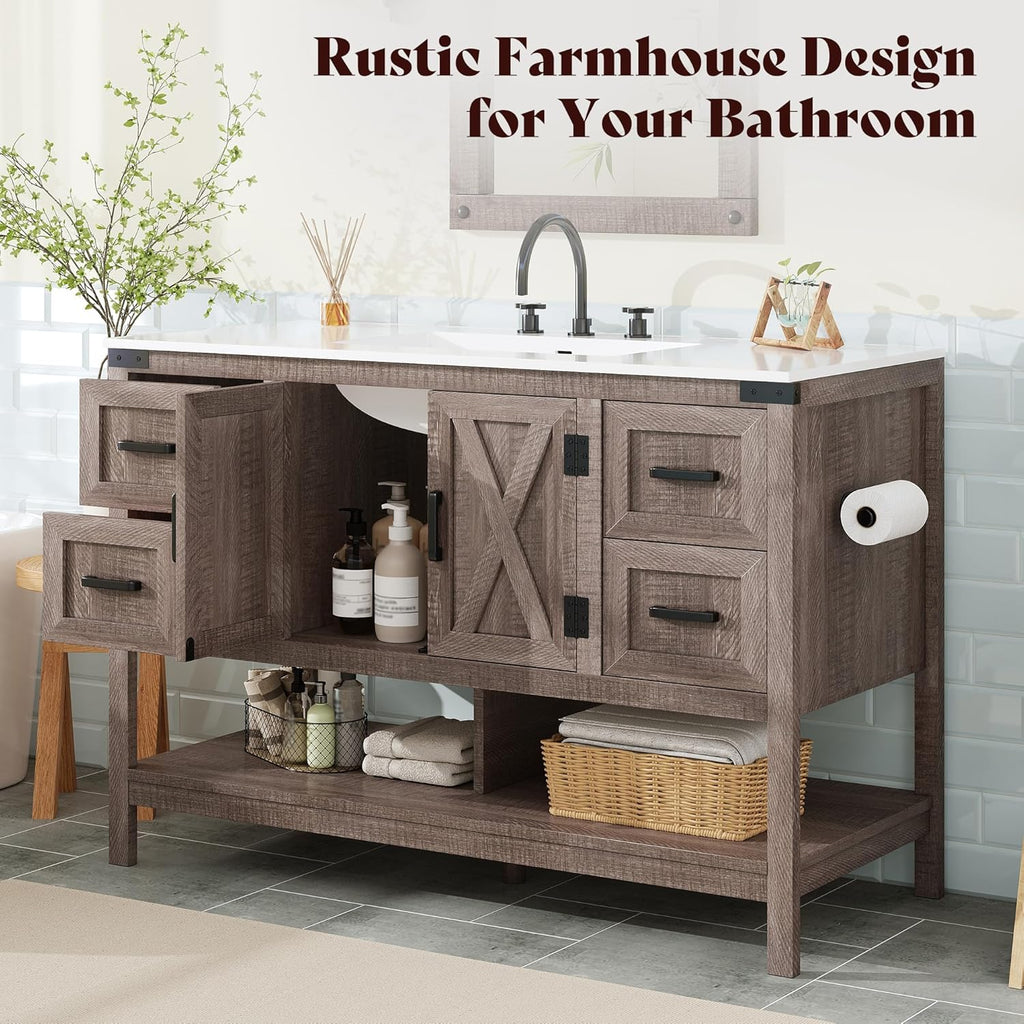 AMERLIFE 48' Farmhouse Bathroom Vanity with Sink, Freestanding Cabinet with 4 Drawers, Double Barn Doors & Open Shelf, Rustic Storage for Master or Family Bathroom, Light Gray