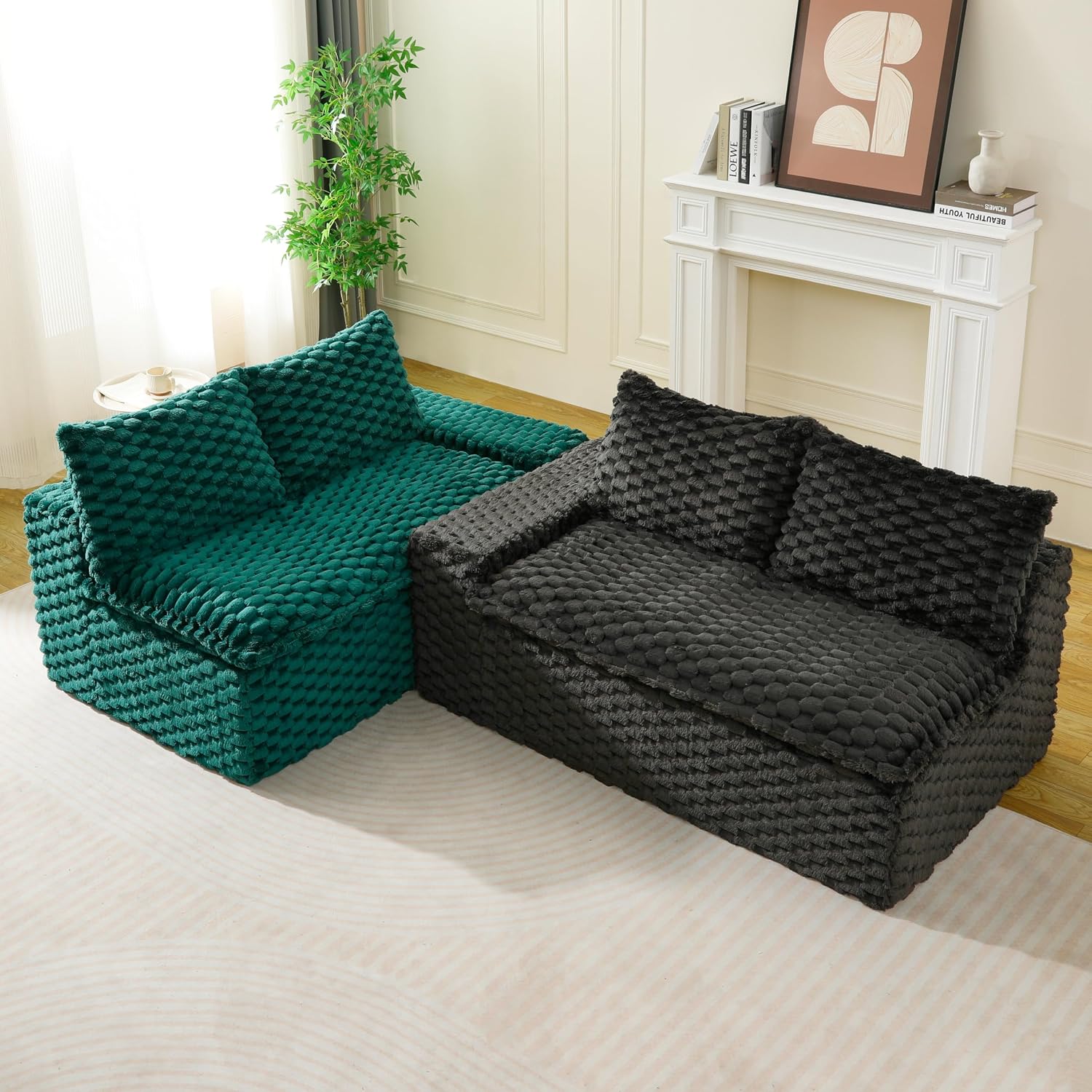 KEIKI 120' Modular Boneless Couch Full Chaise for Bedroom, 4-Seater Sectional Couches for Living Room Furniture, Deep Seat Fluffy Soft Sofa Bed for Studio Apartment Room Pet Friendly, Black Green