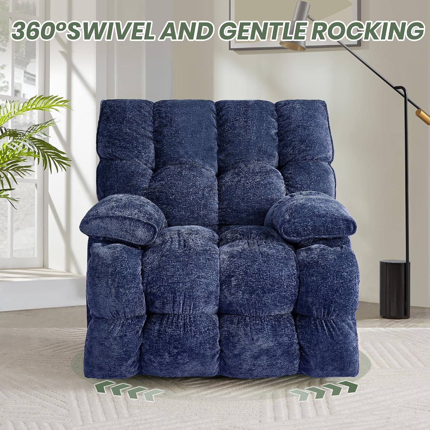 Rocker Recliner Chair 42' Power Swivel Recliner for Living Room Overstuffed Extra Wide Rocking Recliners with Breathable Soft Fabric Up to 400lbs(Eletric Blue)