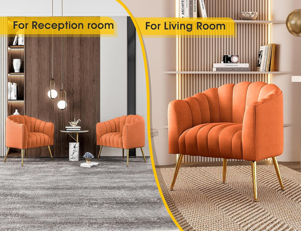 Dewhut Oversized Pumpkin Couch Accent Chair, Modern Comfy Velvet Upholstered Barrel Chairs, Luxury Single Sofa Armchair for Living Room, Waiting Room, Office and Vanity, (Orange)