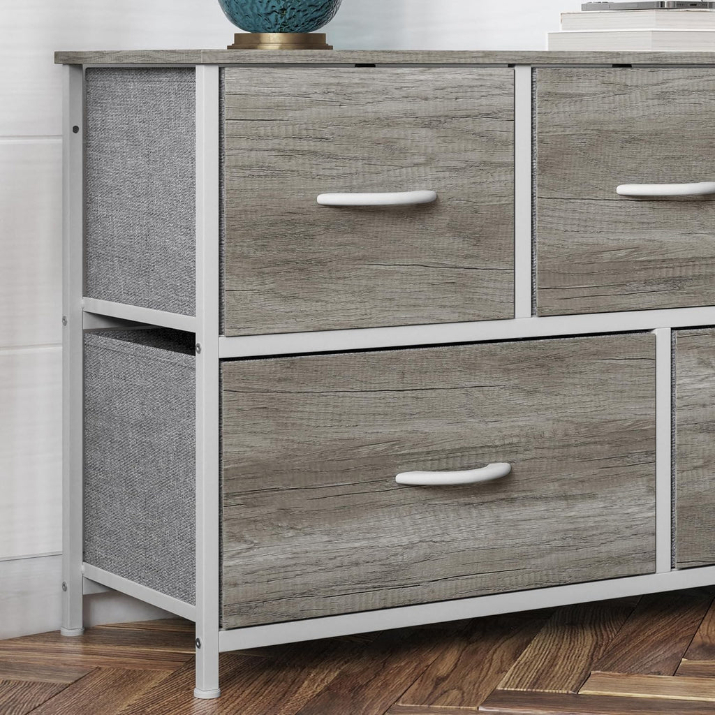 Flash Furniture Harris 5 Drawer Storage Dresser, Cast Iron Frame, Engineered Wood Top and Easy Pull Non-Woven Fabric Drawers with Wooden Handles, White/Light Natural