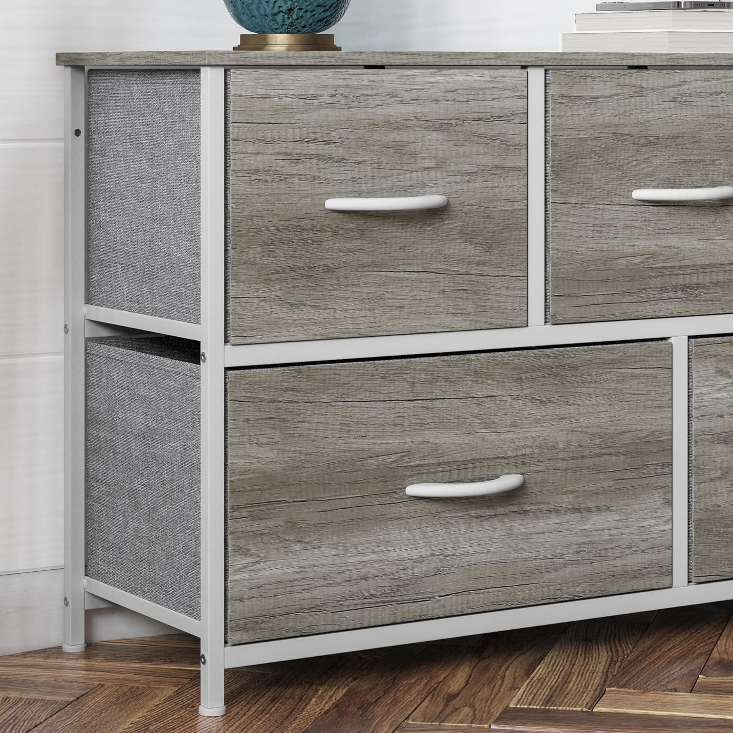 Flash Furniture Harris 5 Drawer Storage Dresser, Cast Iron Frame, Engineered Wood Top and Easy Pull Non-Woven Fabric Drawers with Wooden Handles, White/Light Natural