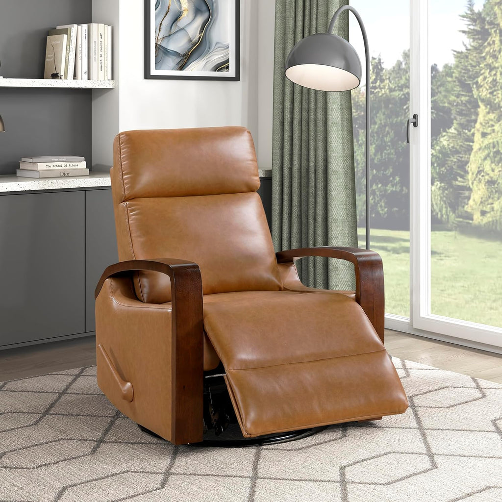 Lexicon 360 Degree Swivel Glider Reclining Chair, Breathable Faux Leather Manual Recliner, Comfy Nursery Glider Recliner, Wood Arms, Pull Handle for Living Room/Office/Bedroom/Apartment, Camel Brown