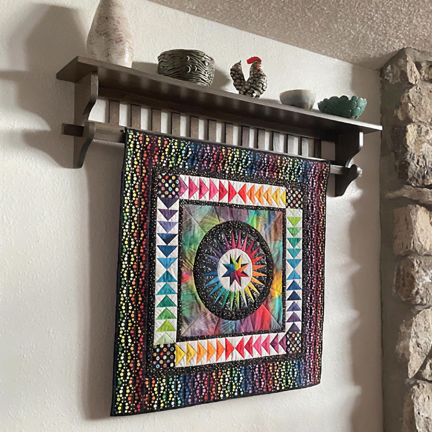 RRD Mounted Mission Style Quilt Rack with Shelf - Amish Made Quilt Hanger for Wall Hangings with Display Shelf - Rustic Quilt Wall Tapestry Rug Hangers Cherry Wood, Washington Cherry Stain 48'