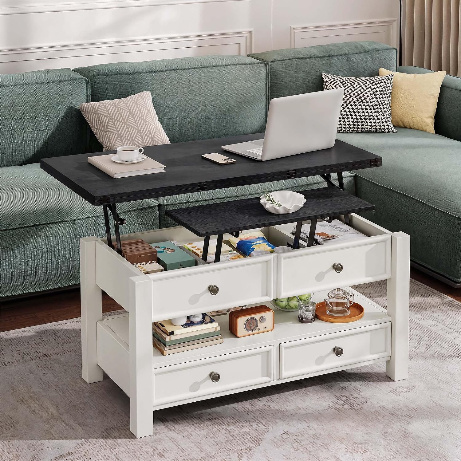 DWVO Lift Top Coffee Table, Multi-Functional Convertible Coffee Table with Drawers and Hidden Storage, Dining Table for Living Room, Home Office