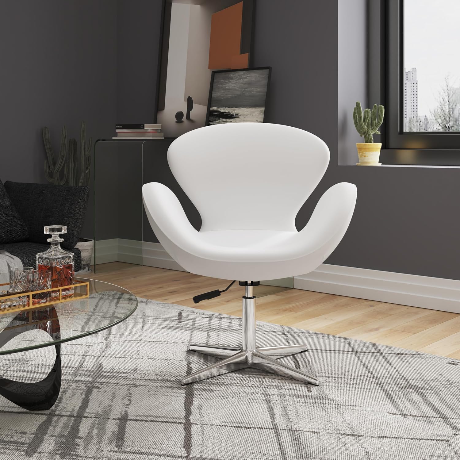 Manhattan Comfort Raspberry Adjustable Swivel Accent Chair with 360° Turn, Polished Chrome Base, Modern Retro Design, Versatile Seat Ideal for Any Room, Set of 2, White