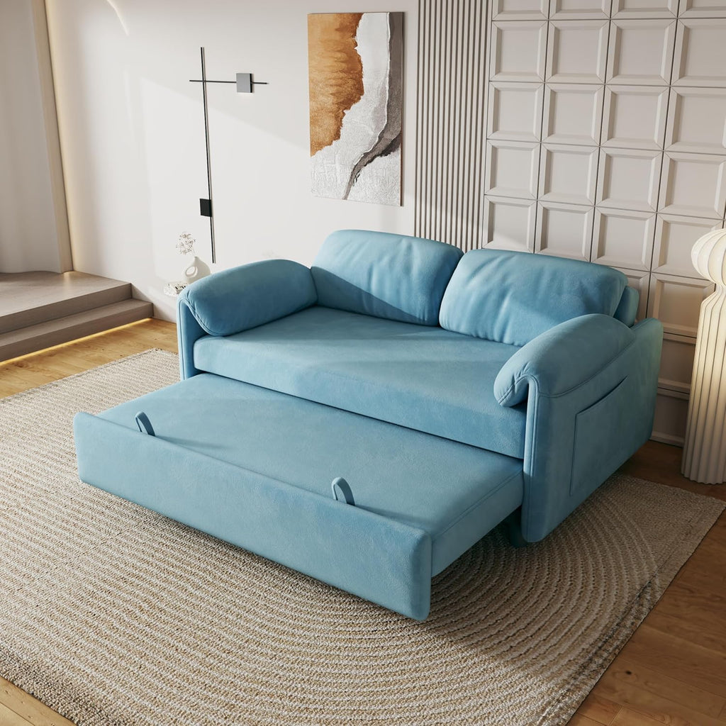 KEIKI 3 in 1 Convertible Pull Out Sofa Bed with Adjustable Backrest & Side Pockets, Velvet Recliner Couch Sleeper Sofa Chair for Living Room, Small Spaces, Full, Blue