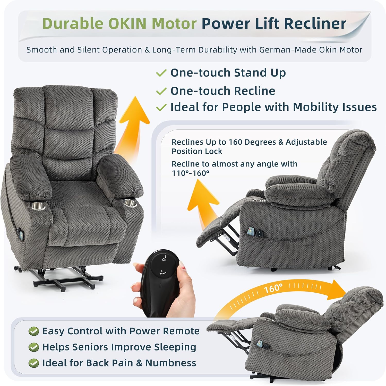 Power Lift Recliner Chair for Elderly, Overstuffed Back Lift Chair with Massage/Heat, Power Recliner Lay Flat 160° Cup Holders for Living Room（Grey）