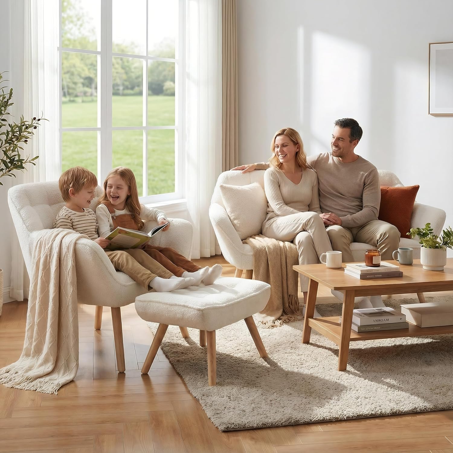 48'Small Loveseat Sofa, Modern Sherpa Upholstered Mini Couch 2-Seater Fluffy Love Seat with Quilting Backs and Wood Legs for Living Room, Bedroom and Small Space, White