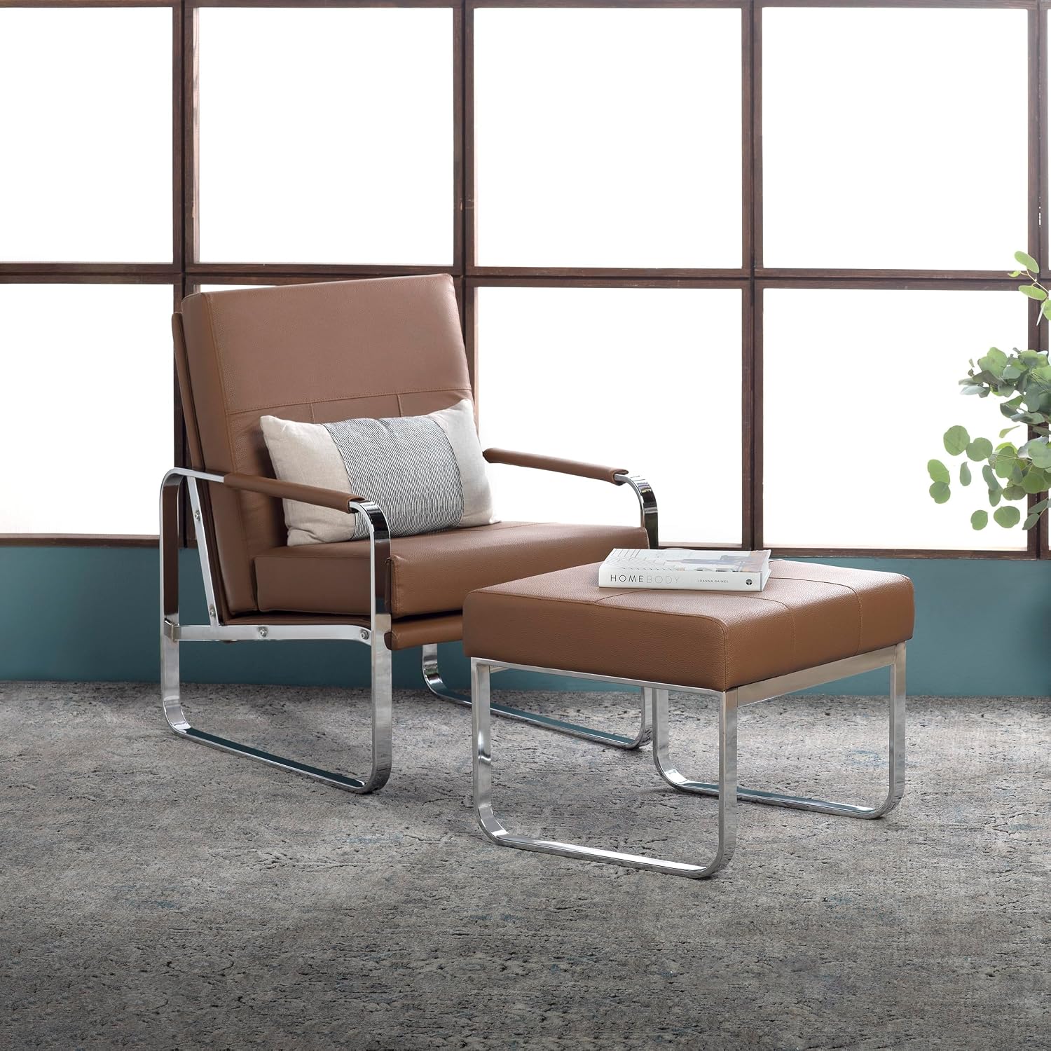 Studio Designs Home Allure Modern Accent Chair in Blended Leather, Chrome/Caramel