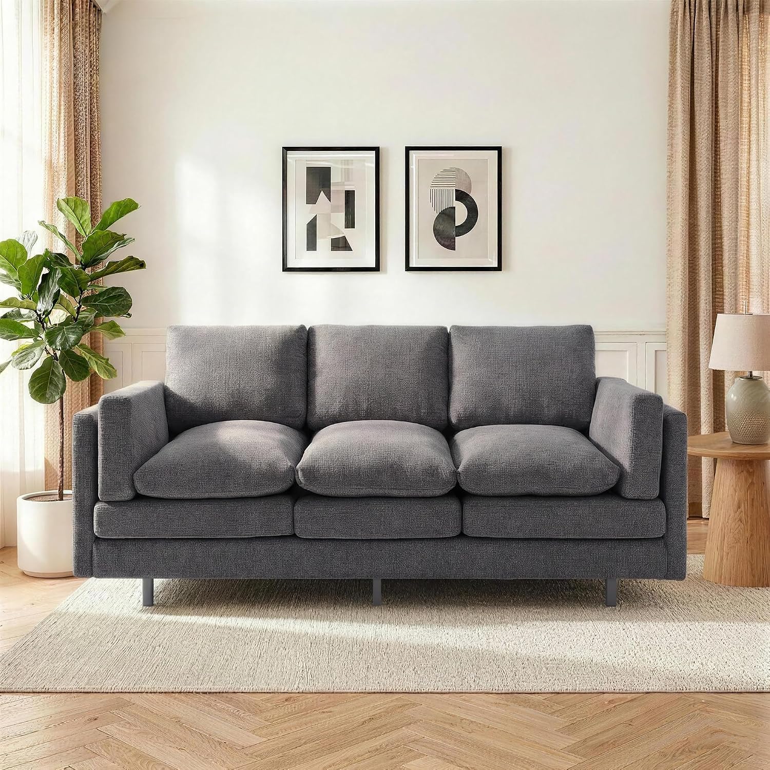 Christopher Knight Home Vincenzo 79.5' Sectional Sofa, 3 Seater Couch, Chenille Upholstered Sofa Chair, Metal Legs Couch, Dual-Layer Cushions Armchair, Comfort Seating for Reading Living Room, Gray