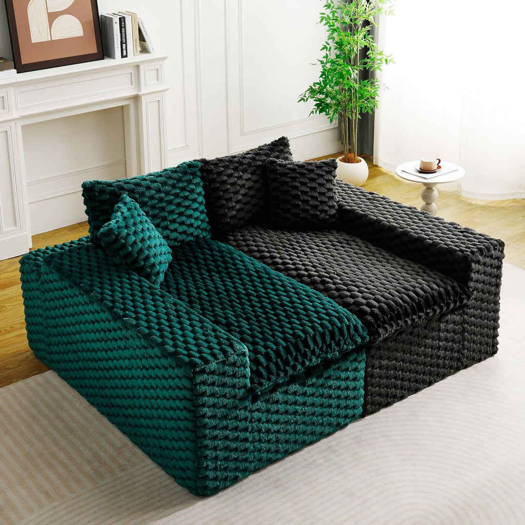 KEIKI 120' Modular Boneless Couch Full Chaise for Bedroom, 4-Seater Sectional Couches for Living Room Furniture, Deep Seat Fluffy Soft Sofa Bed for Studio Apartment Room Pet Friendly, Black Green