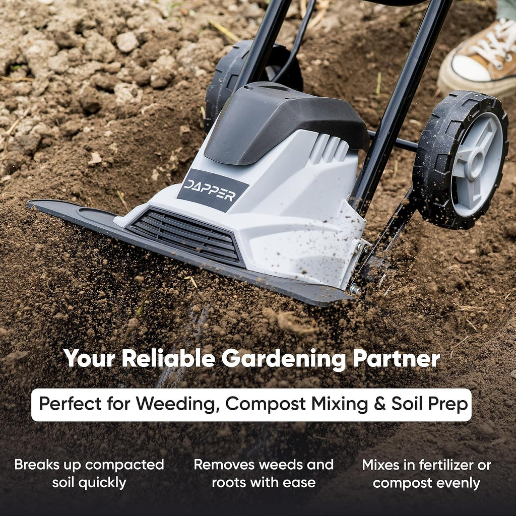 Dapper Supply 14 Electric Tiller Cultivator, 10Amp Corded Garden Rototiller with 4 Steel Tines, Adjustable Depth Wheels, Foldable Handle, Lightweight Portable Soil Cultivator for Gardening