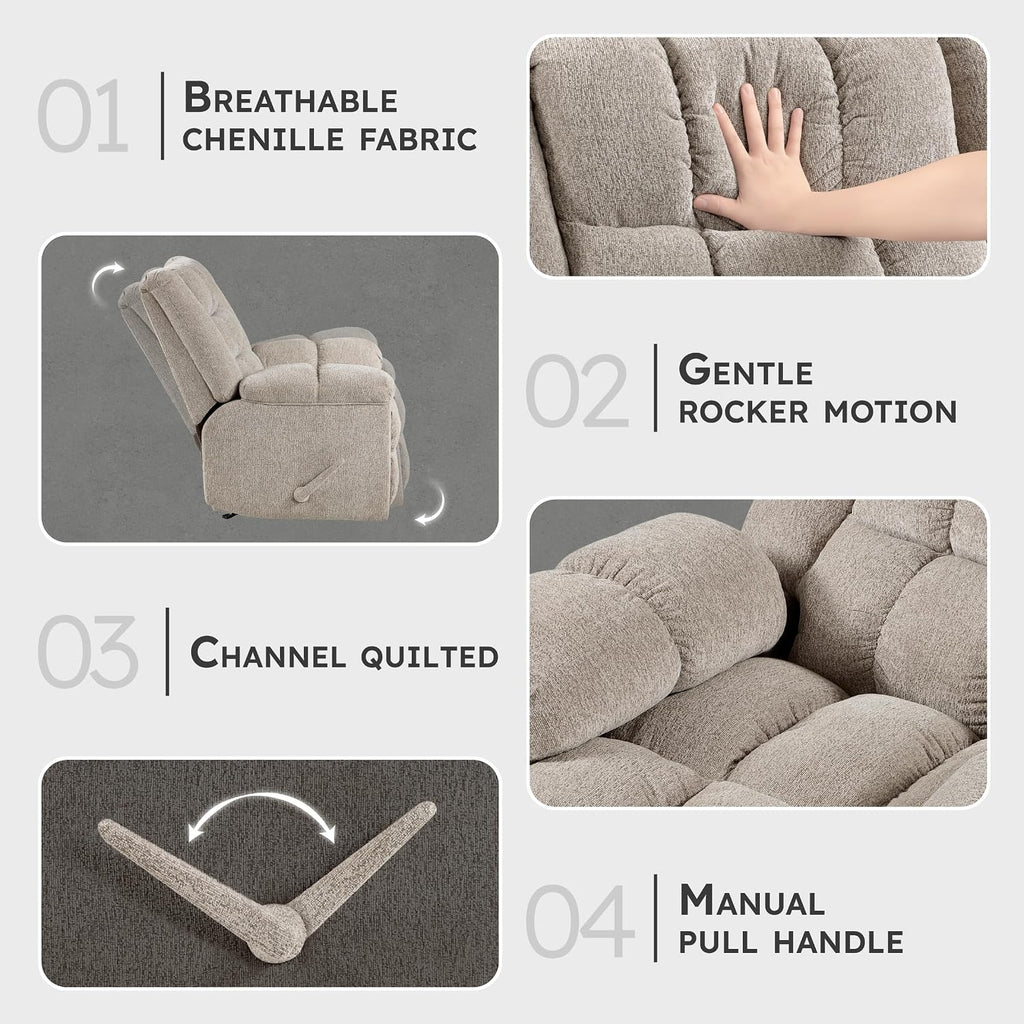 Lexicon Chenille Rocker Reclining Chair for Adults, Rocker Pull Handle Recliner, Nursery Chair for Living Room/Bedroom, High Back, Pillow Top Arms, High Density Foam Cushions, Light Brown