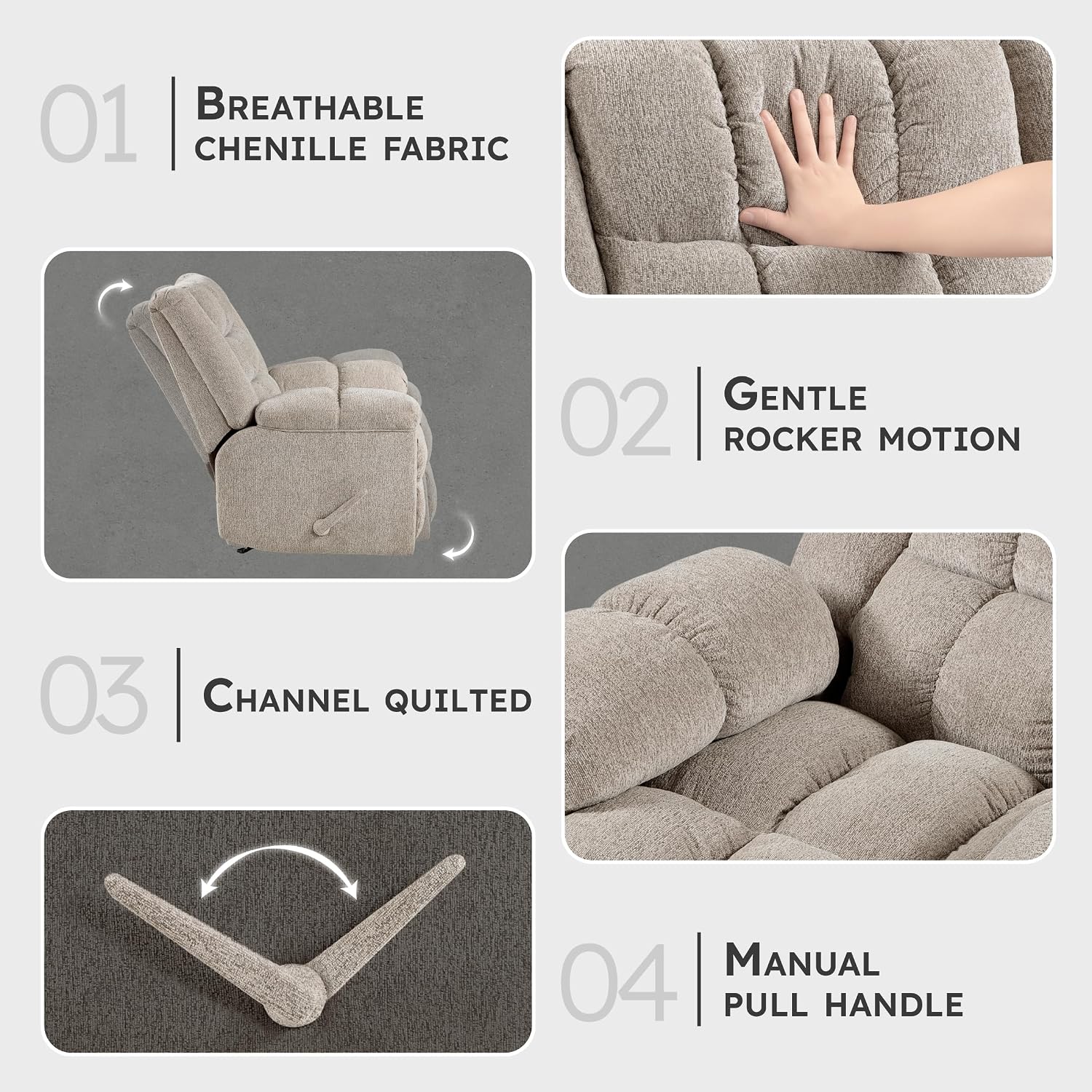 Lexicon Chenille Rocker Reclining Chair for Adults, Rocker Pull Handle Recliner, Nursery Chair for Living Room/Bedroom, High Back, Pillow Top Arms, High Density Foam Cushions, Light Brown