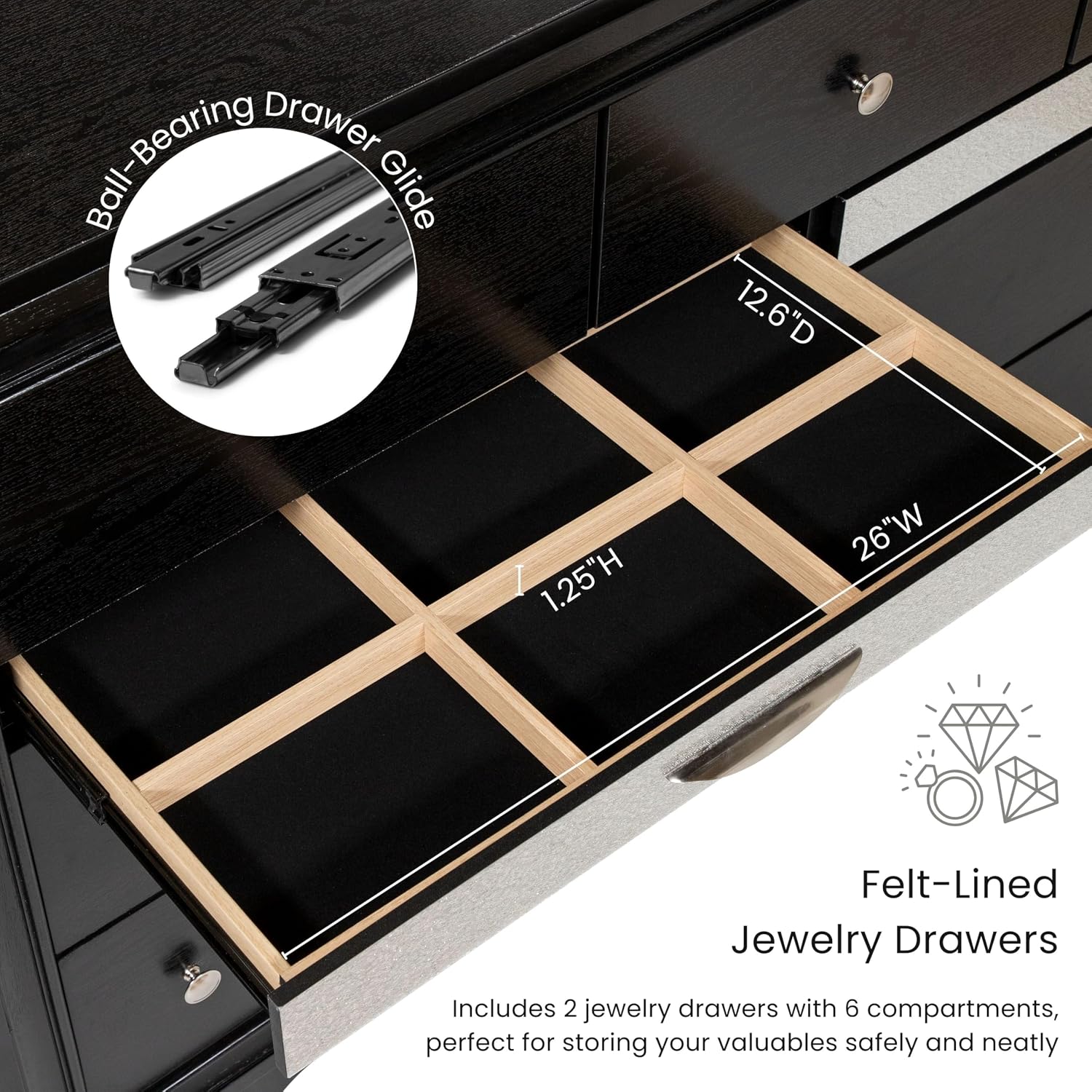 HOMES: Inside + Out Dierks Modern Wood 2-Piece Nightstand and 9-Drawer Dresser Set with Jewelry Storage for Bedroom, Black