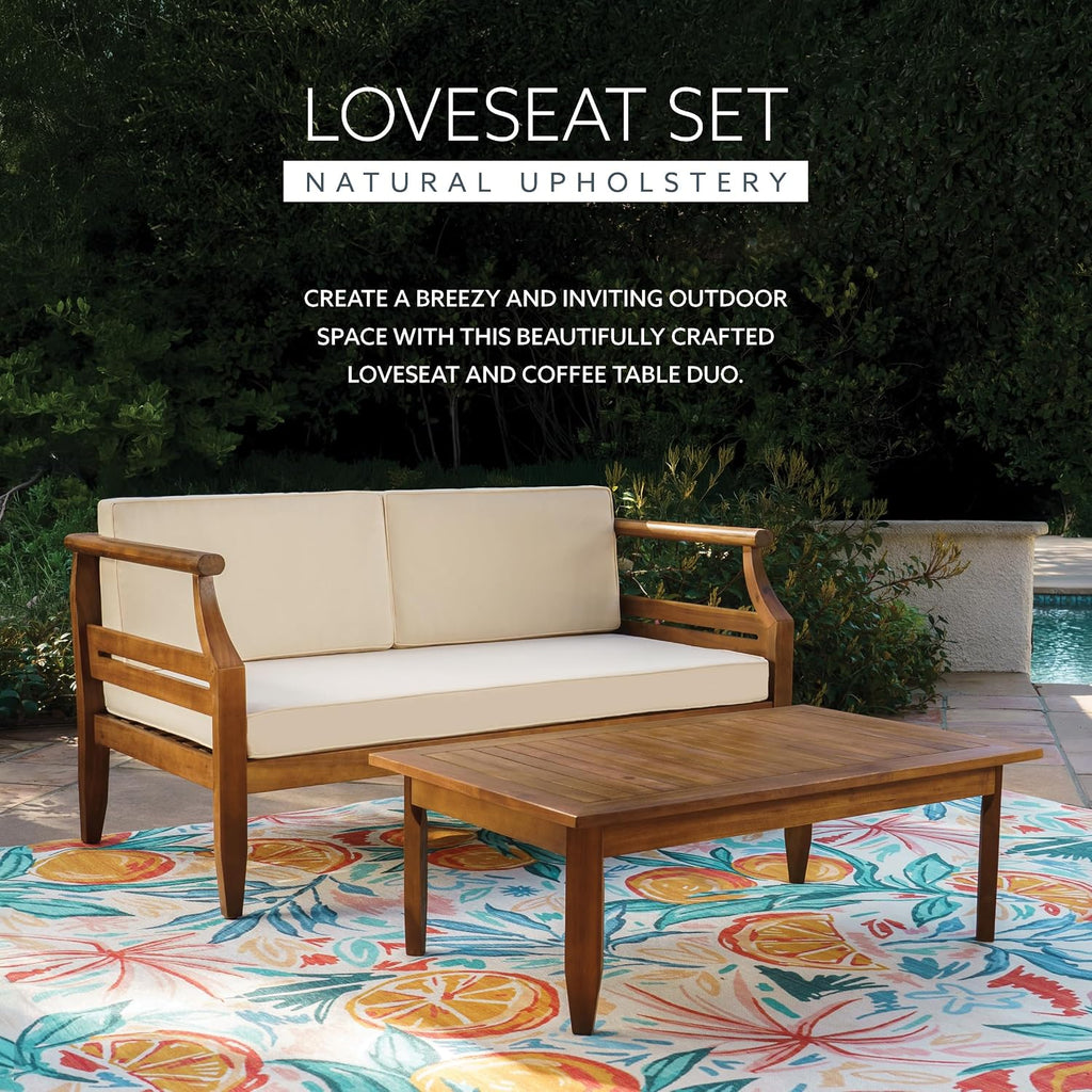 Linon Harbor Oiled Acacia Wood Two Piece Outdoor Set with Revmoable Cream Cushions Includes Loveseat and Coffee Table