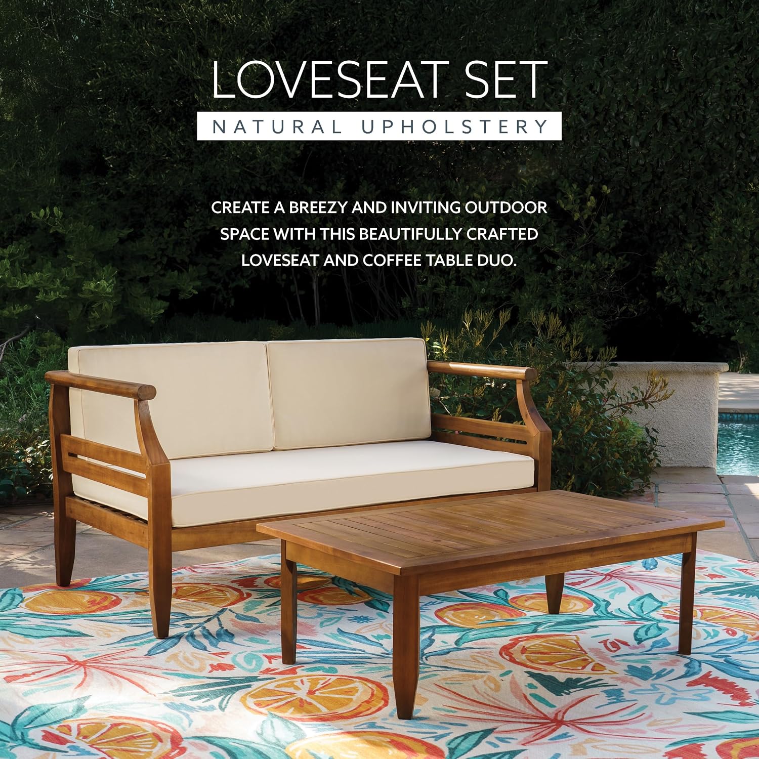 Linon Harbor Oiled Acacia Wood Two Piece Outdoor Set with Revmoable Cream Cushions Includes Loveseat and Coffee Table