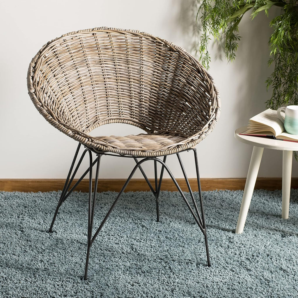 Safavieh Home Sierra Coastal Grey Wash Rattan and Dark Steel Round Accent Chair