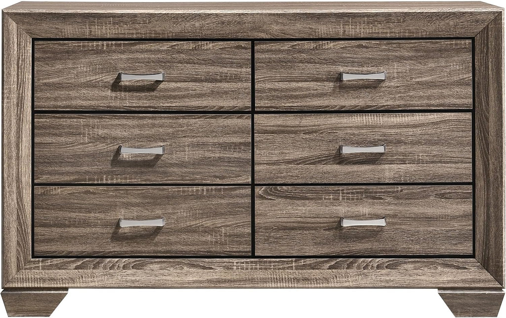 Coaster Home Furnishings - Kauffman - Engineered Wood - 6-Drawer Dresser with Transitional Style, Chrome Bar Pulls, Rectangular Structure, Wood Grain Details - Bedroom - Washed Taupe - 204193