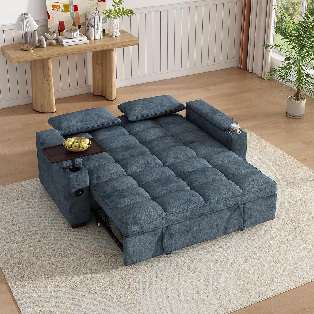 KEIKI 65' 3-in-1 Convertible Sofa Bed, Space-Saving Pull-Out Sleeper Couch with 90° Swivel Side Table, USB & Type-C Charging Ports, Hidden Storage, Modern Futon Sofa for Apartments & Small Spaces