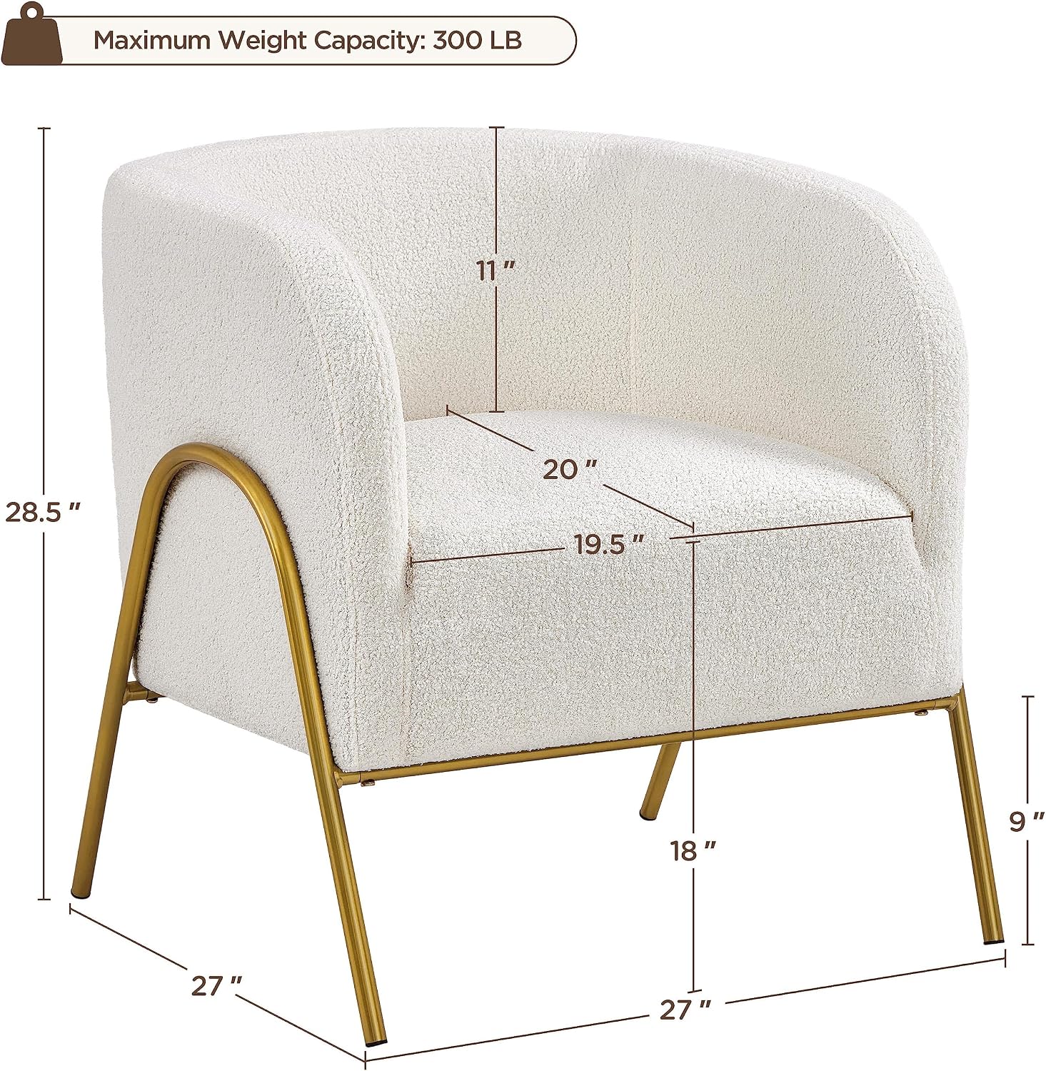 Yaheetech Accent Chair, Modern Barrel Chair, Boucle Fabric Vanity Chair with Golden Legs, Cozy Fuzzy Armchair for Living Room Makeup Room Bedroom Reading Nook Ivory