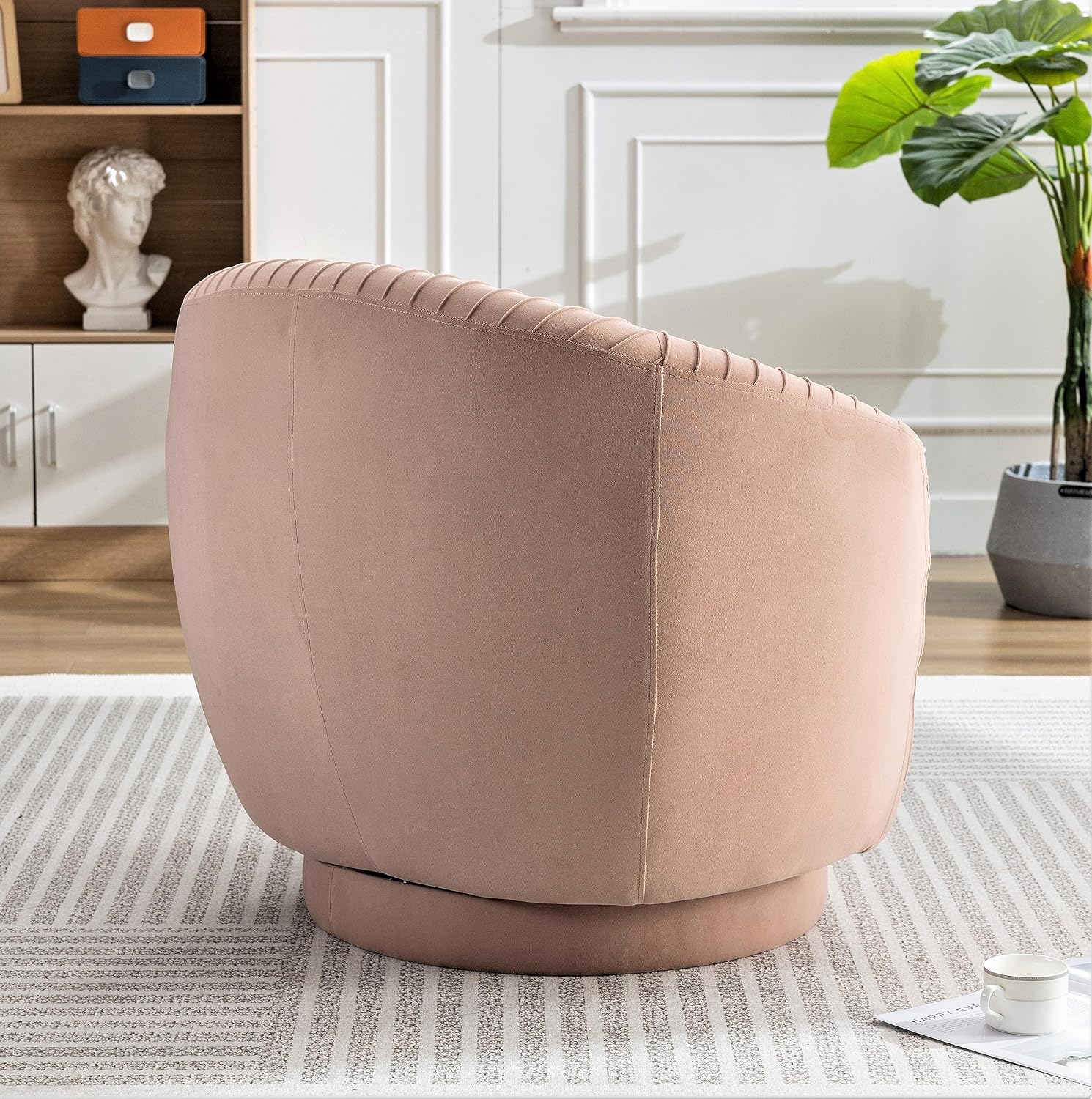 Container Furniture Direct Modern Barrel Swivel Chair with Plush Velvet Upholstery and Smooth 360° Rotation, Round Accent One-Seater Sofa for Living Room, Bedroom, and Office, Pink