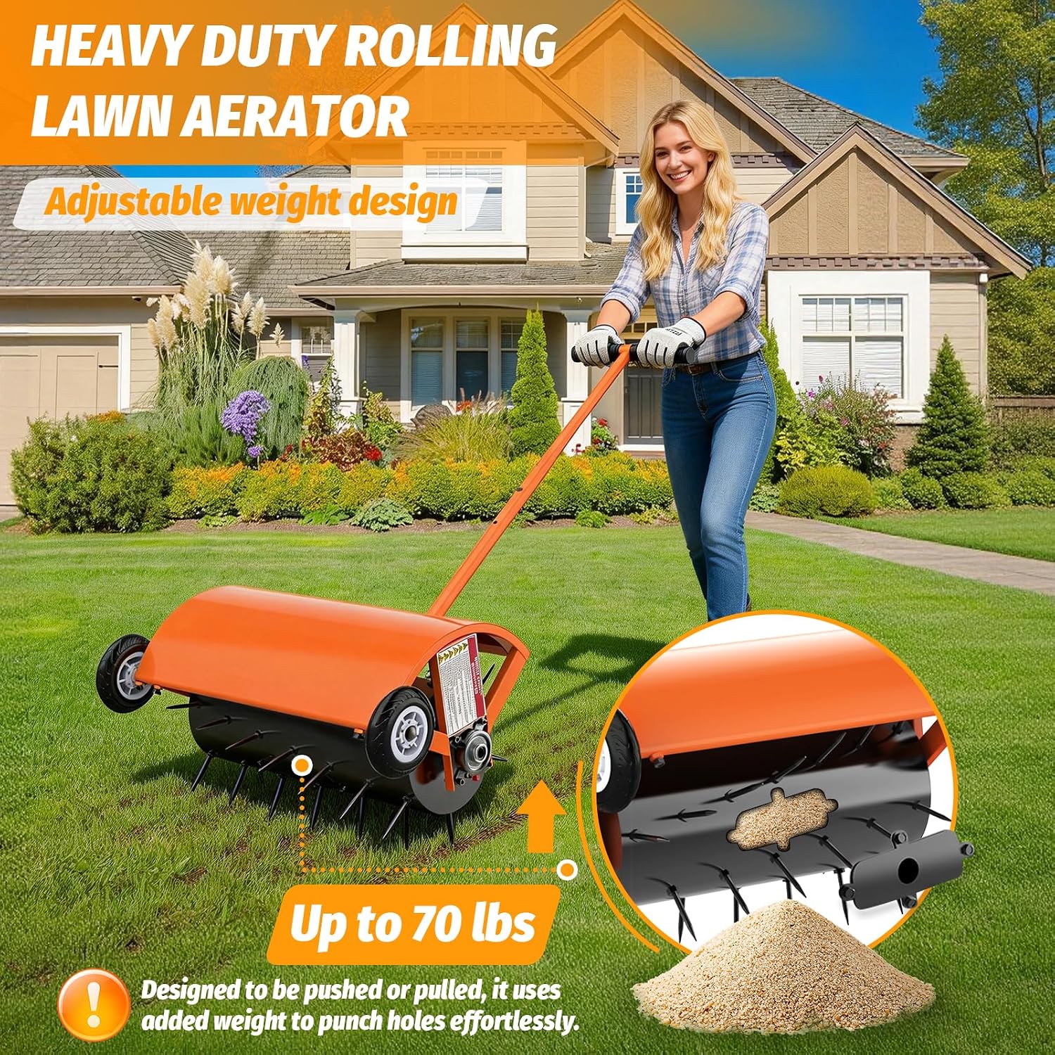 24 Inch Rolling Lawn Aerator, Heavy Duty Manual Aerator Tool, Up to 70 lbs, Push Spike Aeration Tool with 42 Spikes, Suitable for Lawns, Garden, and Yard Grass Aeration [Orange]