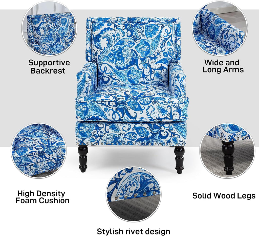 Accent Chair, Modern Comfy Mid-Century Anthropologie Accent Chairs, Linen Upholstered Wingback Lounge Arm Chair with Solid Wood,Single Floral Pattern Chair for Living Room/Balcony/Bedroom