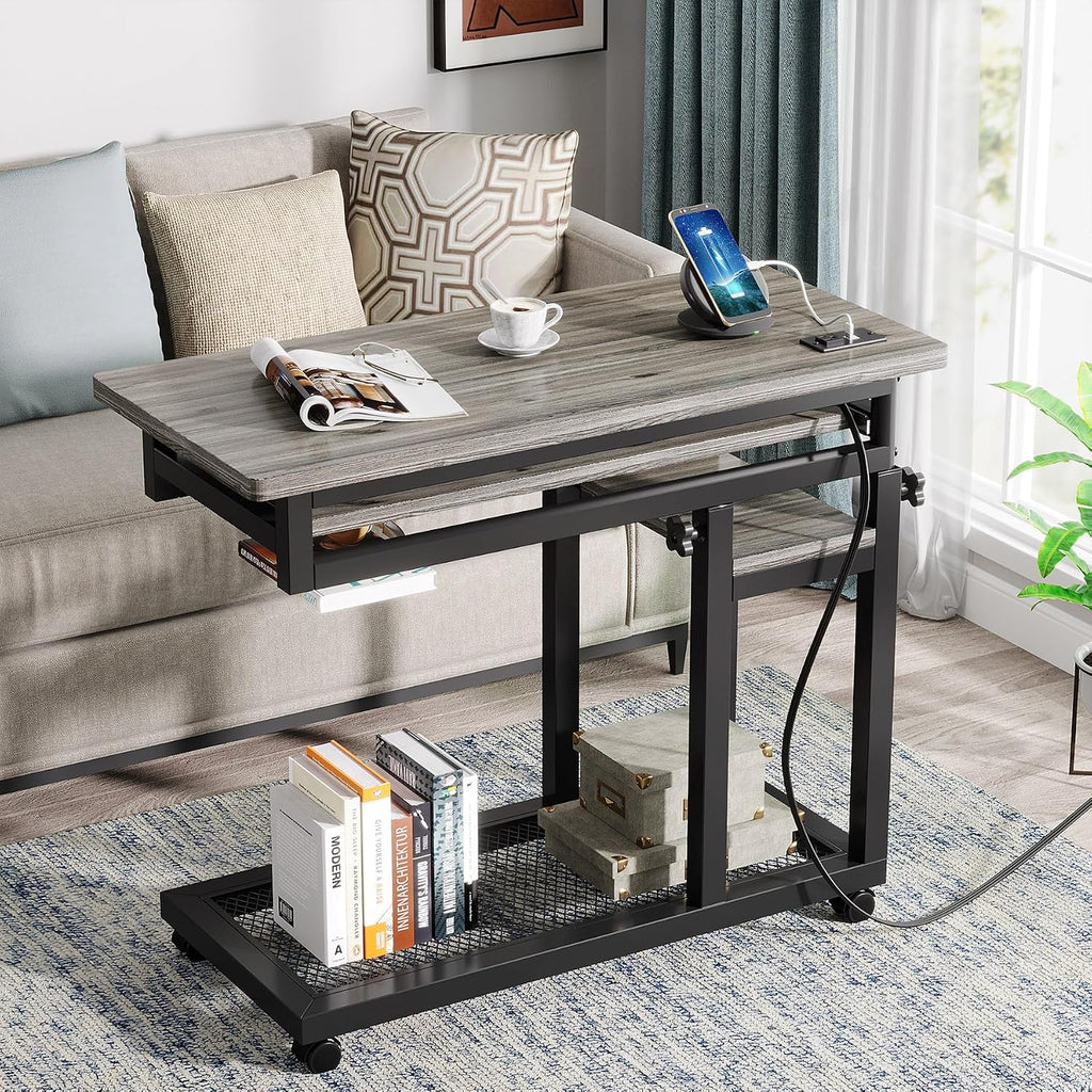 LITTLE TREE Small Computer Desk with Power Outlet, Heigh Adjustable Laptop Desk, Portable Desk for Home Office, Sofa Couch Bedside Laptop Table with Wheels, Perfect Petite Bureau de Travail