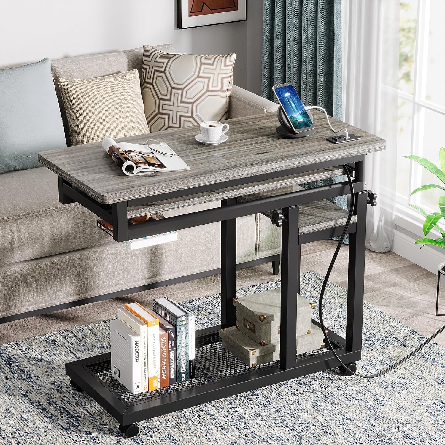 LITTLE TREE Small Computer Desk with Power Outlet, Heigh Adjustable Laptop Desk, Portable Desk for Home Office, Sofa Couch Bedside Laptop Table with Wheels, Perfect Petite Bureau de Travail
