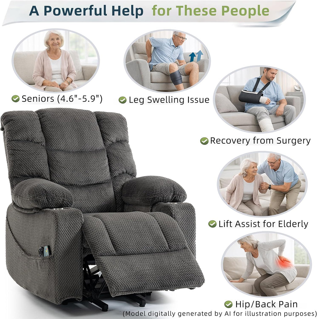 Power Lift Recliner Chair for Elderly, Overstuffed Back Lift Chair with Massage/Heat, Power Recliner Lay Flat 160° Cup Holders for Living Room（Grey）