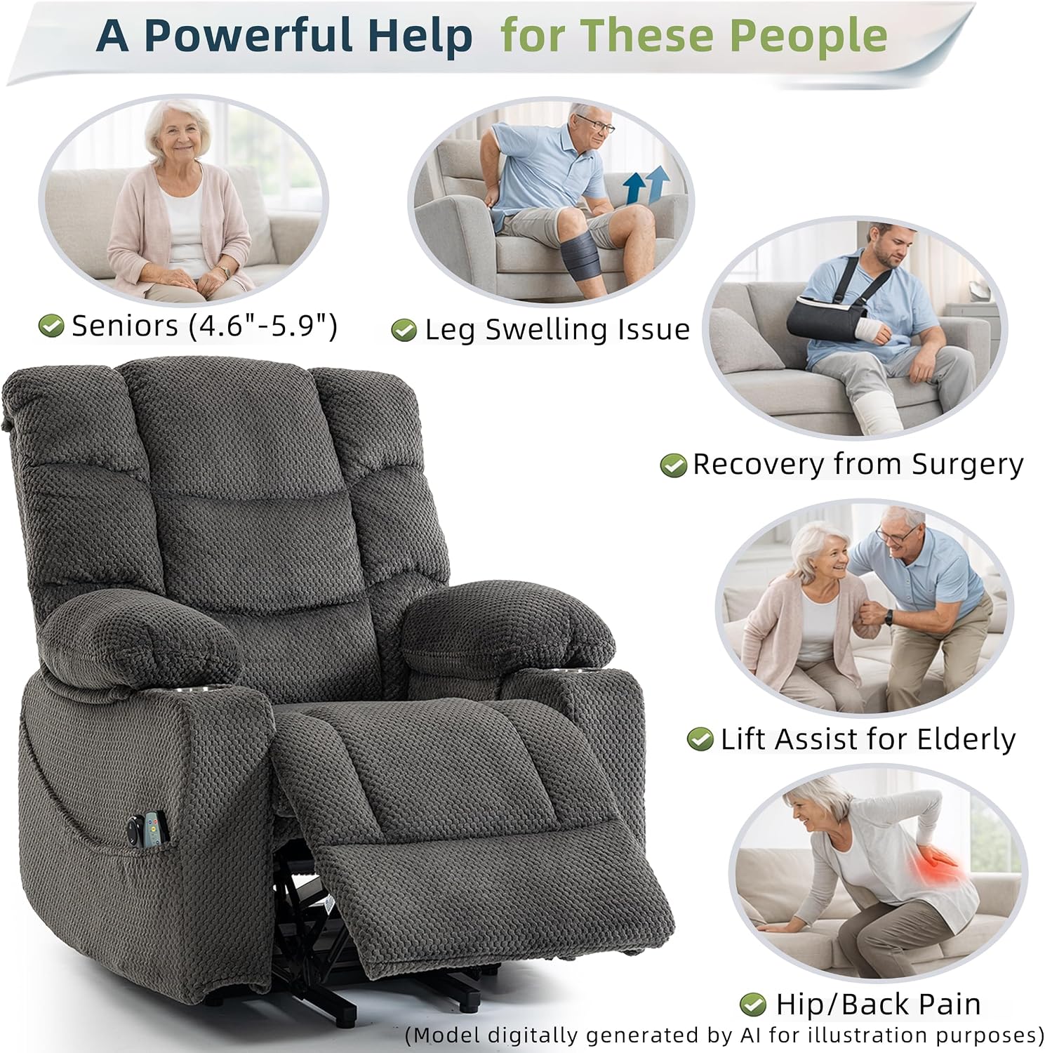 Power Lift Recliner Chair for Elderly, Overstuffed Back Lift Chair with Massage/Heat, Power Recliner Lay Flat 160° Cup Holders for Living Room（Grey）