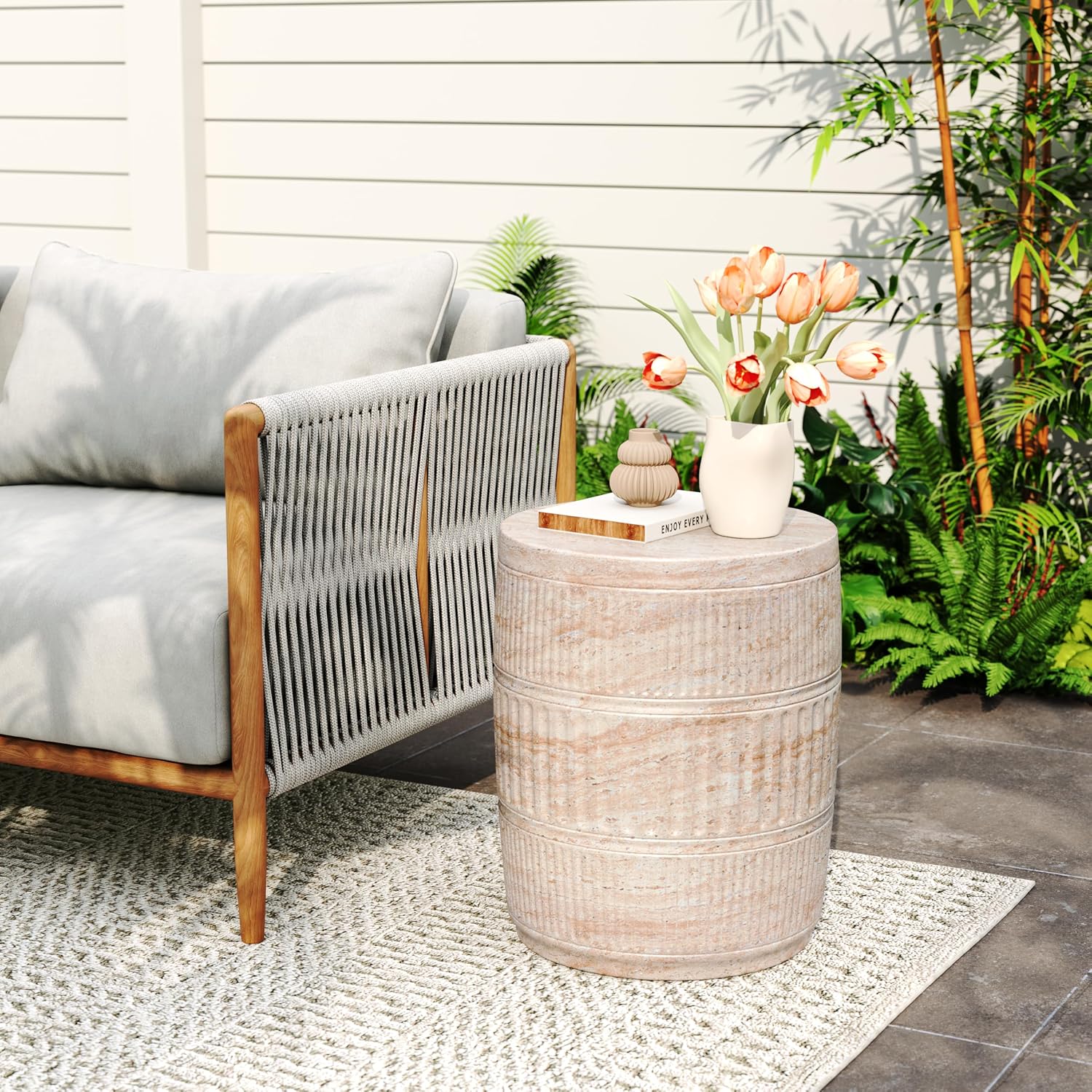 Christopher Knight Home Jaym 18.50' H Indoor Outdoor Accent Side Table, Patio Decorative End Table, Cylinder Lightweight Concrete Garden Stool for Patio Balcony & Garden Decor, Travertine