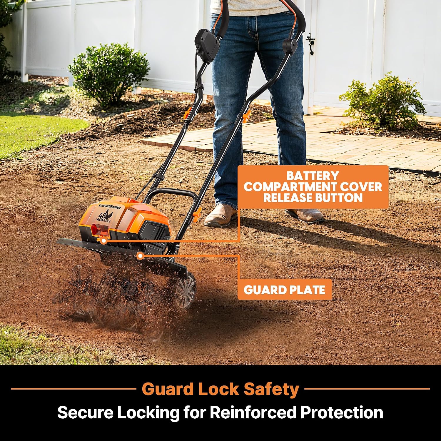 LawnMaster Brushless 48V MAX Cordless Tiller Cultivator with 2X MAX 24V 4.0ah Battery& 1x MX24V Dual Port Charger, 4X Blade, 14.5In Width & 9In Depth-CLTE4814