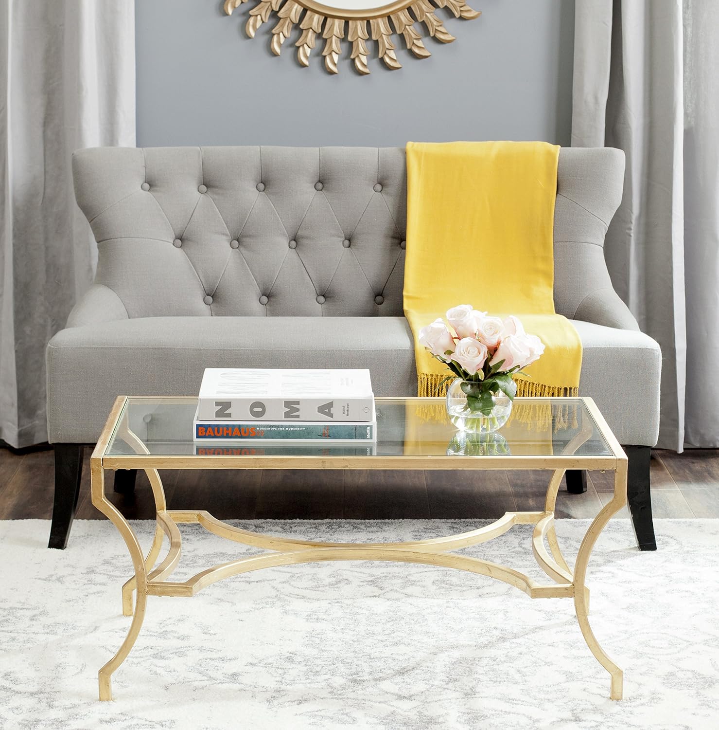 SAFAVIEH Home Collection – Alphonse Gold Leaf Curved Leg Coffee Table with Tempered Glass Top, Sculptural Glam Living Room Accent (FOX2541A)