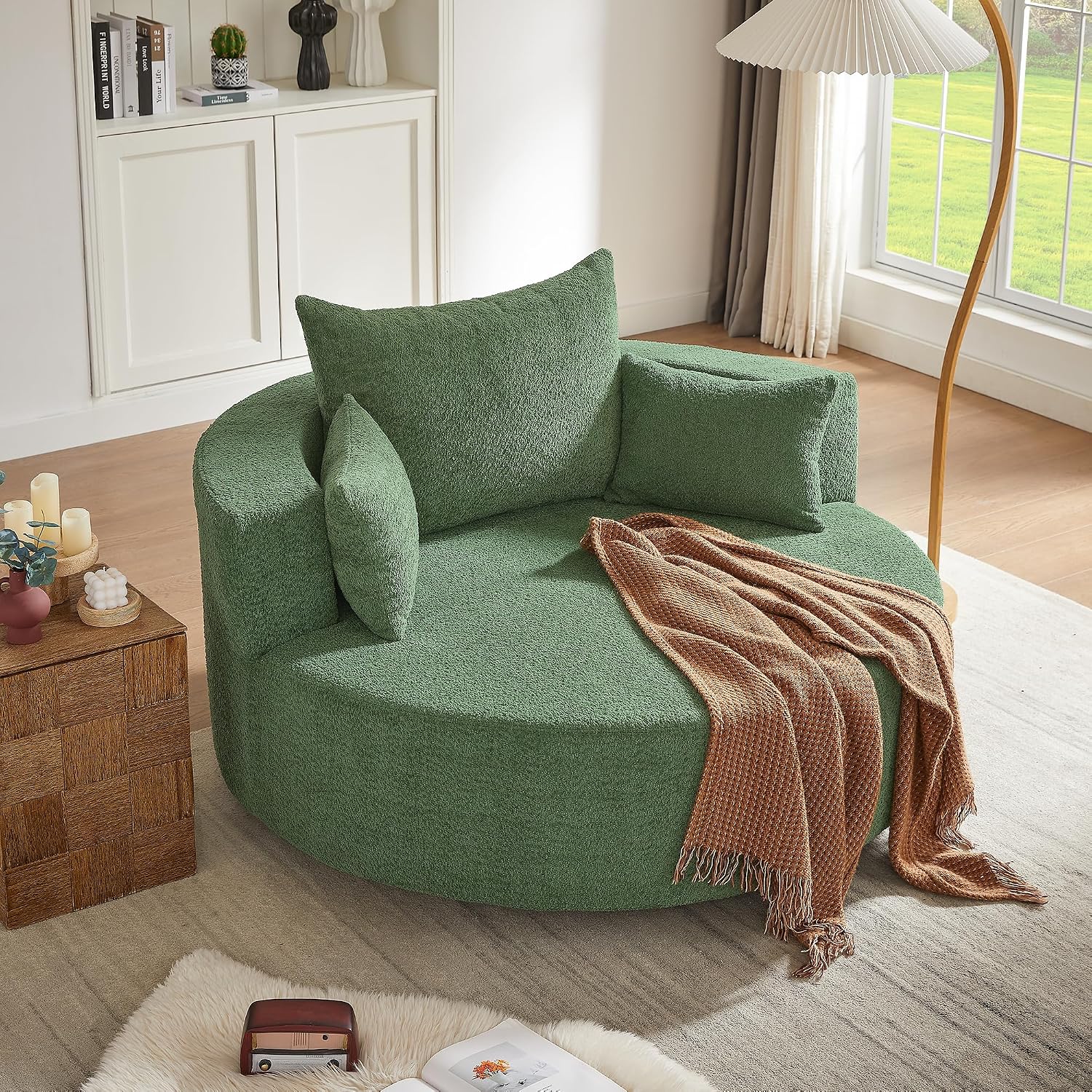 Merax 360° Swivel Chair, Chenille Fabric Accent Barrel Chair, Swivel Round Sofa Chair with 3 Removable Pillows for Living Room, Bedroom, Office and Hotel, Green