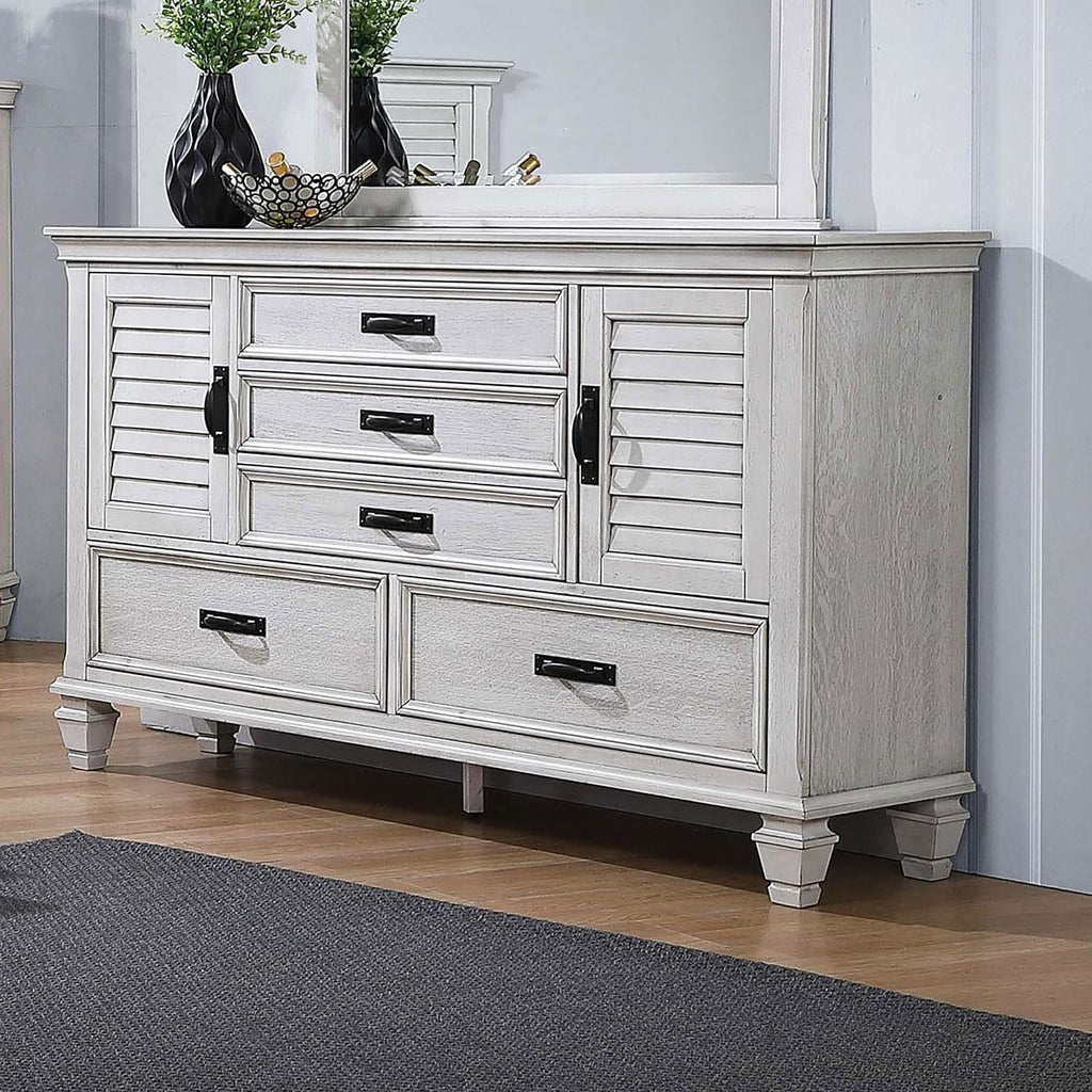 Coaster Home Furnishings - Franco - Wood - 5-Drawer Dresser with Farmhouse Style, Soft-Closing Glides, Two Side Cabinets, Pull Handles, Turned Legs - Bedroom - Distressed White - 205333