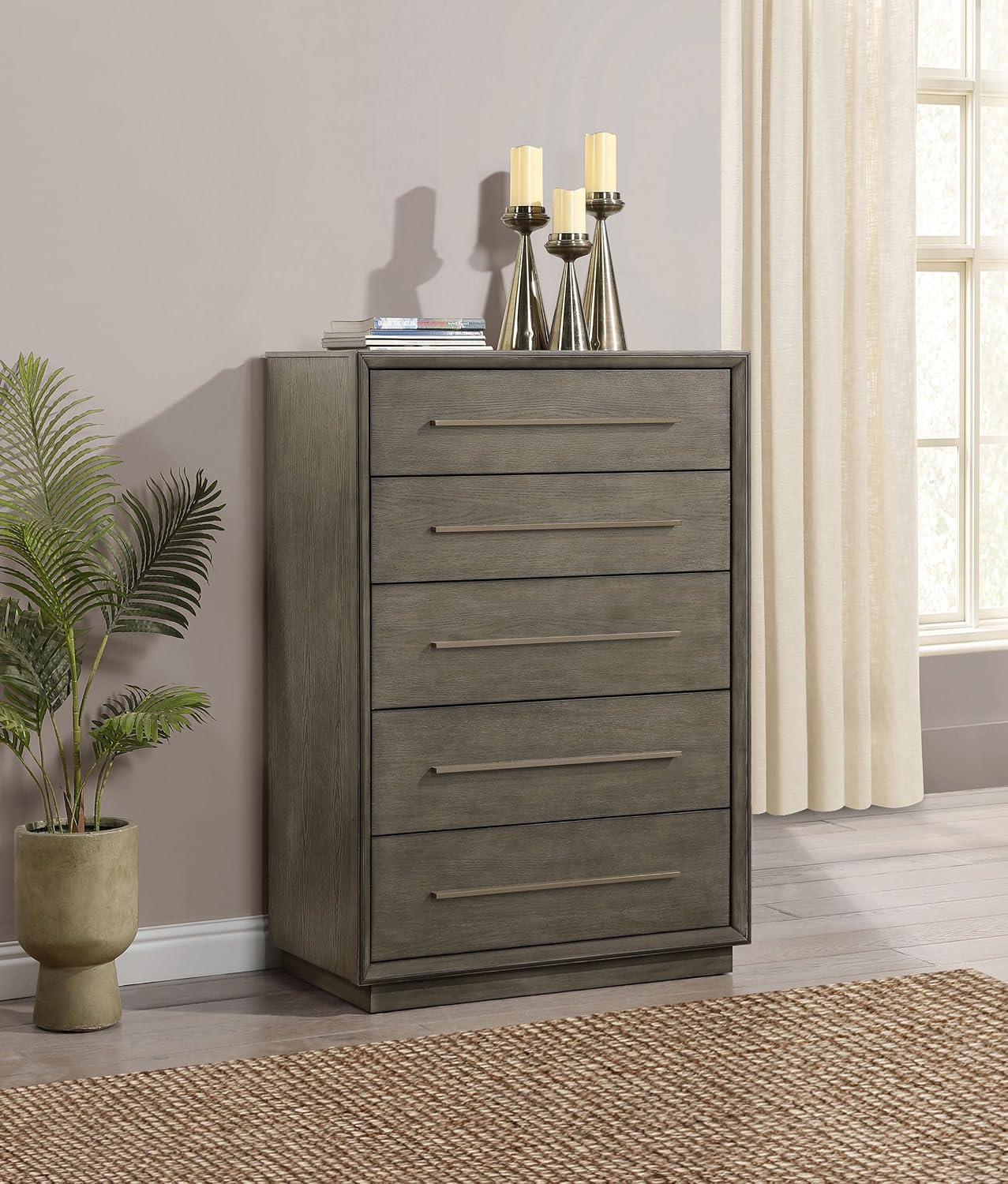 Coaster Home Furnishings - Durango - Wood - 5-Drawer Chest with Long Bar Pulls, Flat Panel Front, Linear Handles and Mitered Trim - Contemporary - Bedroom - Taupe Oak - 223275