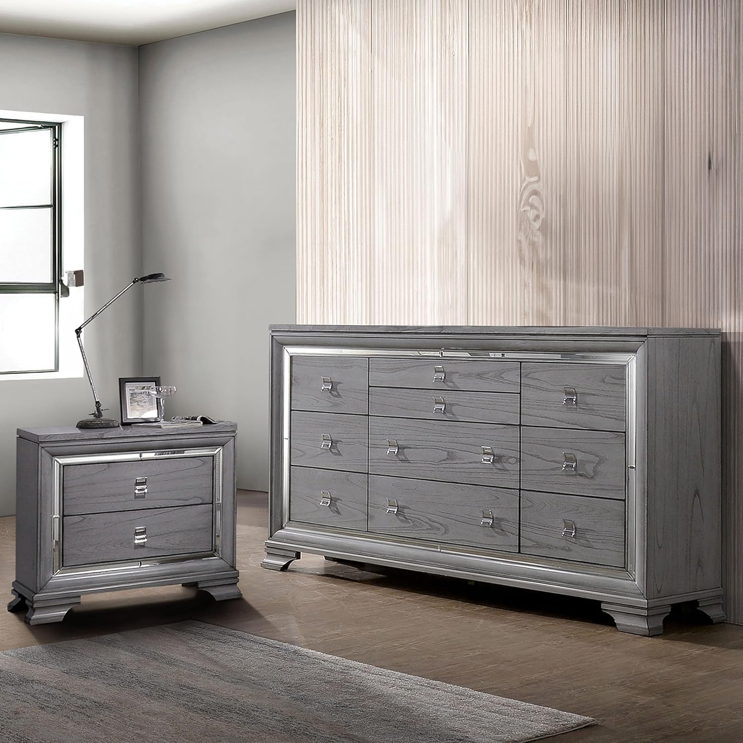 HOMES: Inside + Out Zenka Solid Wood 2-Piece Dresser and Nightstand Set with Metal Pulls, Mirror Trim, Felt-Lined Top Drawer, Easy Assembly for Bedroom, Guest Room, Light Gray